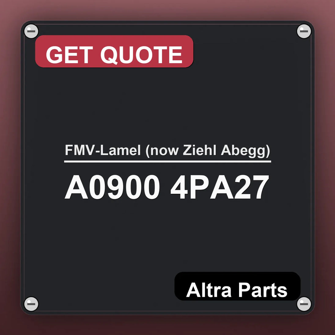 FMV-Lamel (now Ziehl Abegg) A0900 4PA27 industrial nameplate style image – Altra Parts. GET QUOTE.