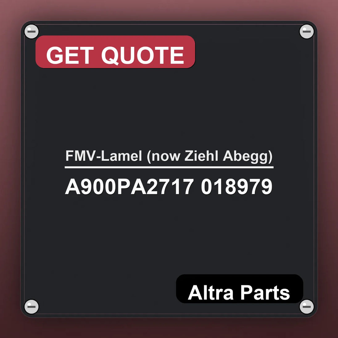 FMV-Lamel (now Ziehl Abegg) A900PA2717 018979 industrial nameplate style image – Altra Parts. GET QUOTE.