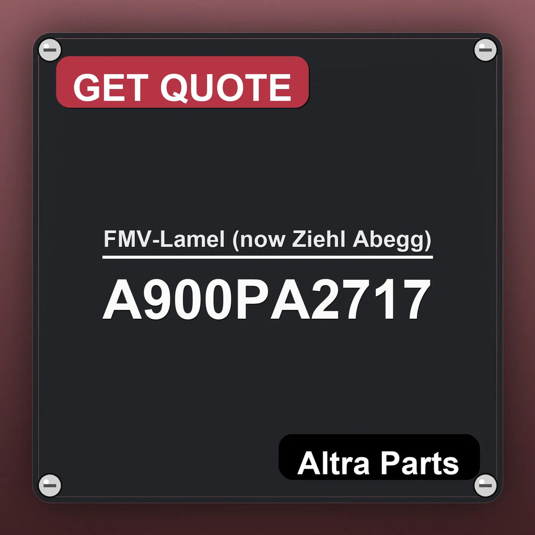 FMV-Lamel (now Ziehl Abegg) A900PA2717 industrial nameplate style image – Altra Parts. GET QUOTE.