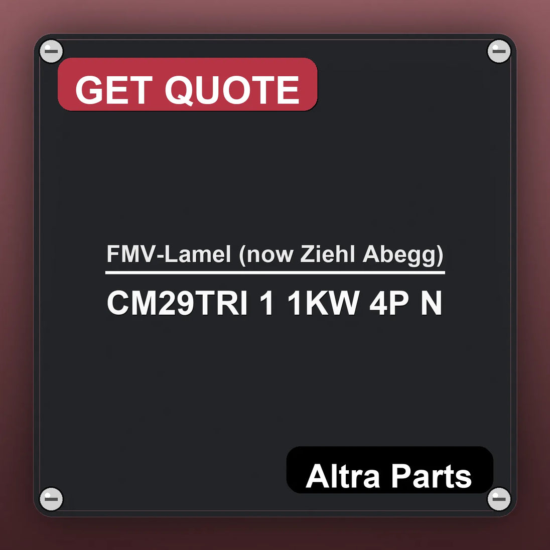 FMV-Lamel (now Ziehl Abegg) CM29TRI 1 1KW 4P N industrial nameplate style image – Altra Parts. GET QUOTE.
