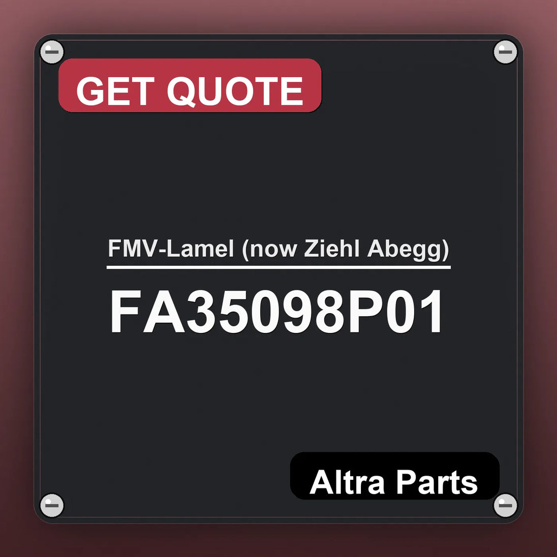 FMV-Lamel (now Ziehl Abegg) FA35098P01 industrial nameplate style image – Altra Parts. GET QUOTE.