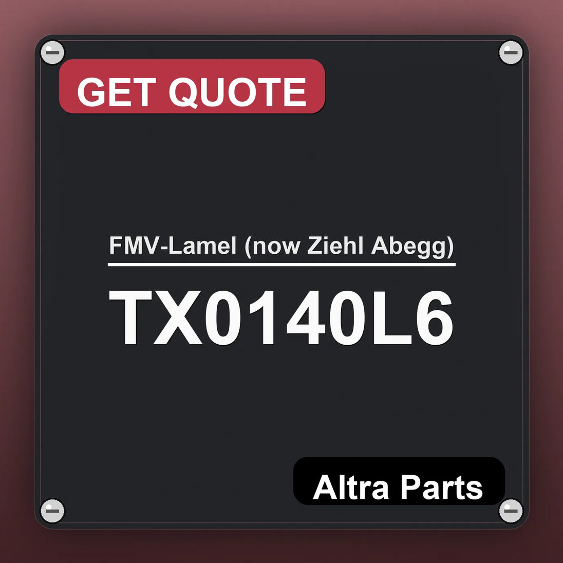 FMV-Lamel (now Ziehl Abegg) TX0140L6 industrial nameplate style image – Altra Parts. GET QUOTE.