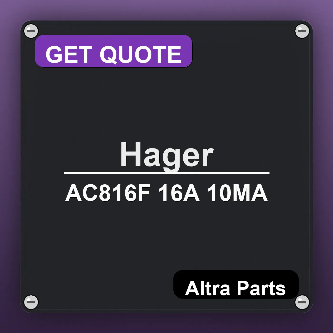 Hager AC816F 16A 10MA industrial nameplate style image – Altra Parts. GET QUOTE.