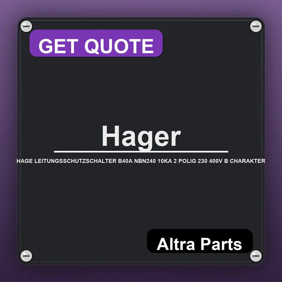 Hager HAGE LEITUNGSSCHUTZSCHALTER B40A NBN240 10KA 2 POLIG 230 400V B CHARAKTER industrial nameplate style image – Altra…