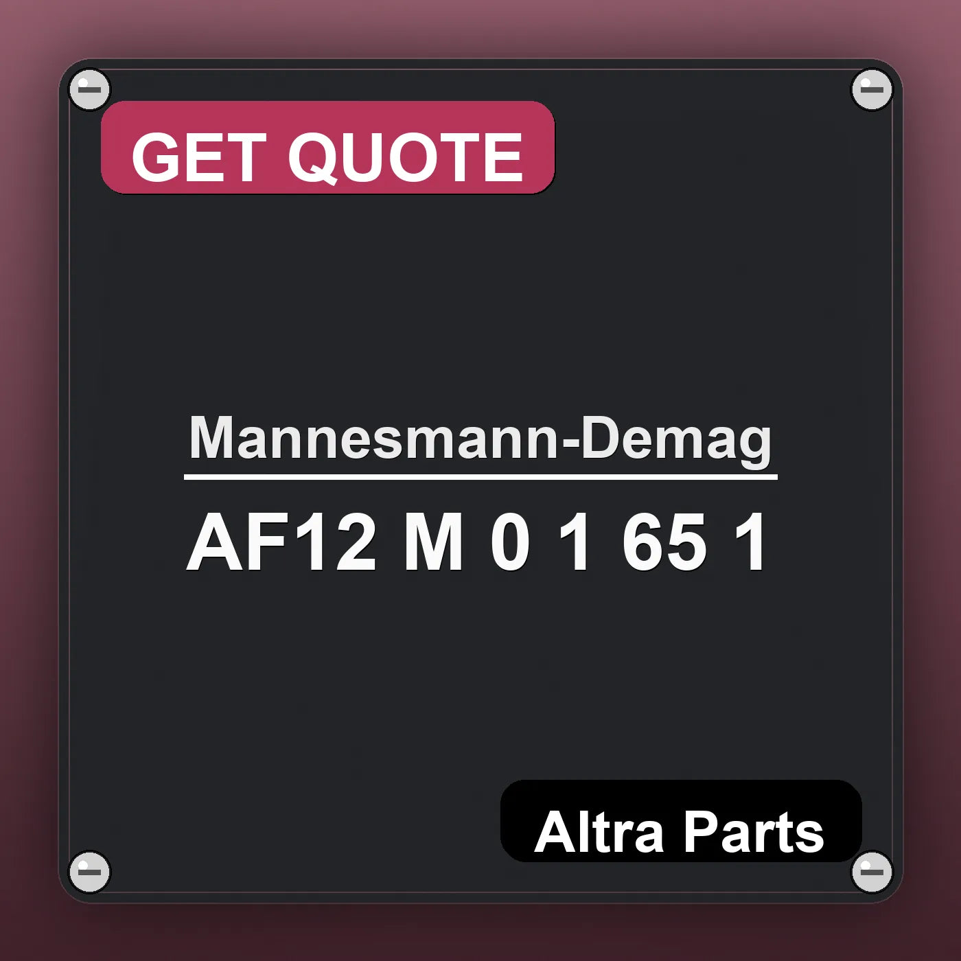 Mannesmann-Demag AF12 M 0 1 65 1 industrial nameplate style image – Altra Parts. GET QUOTE.