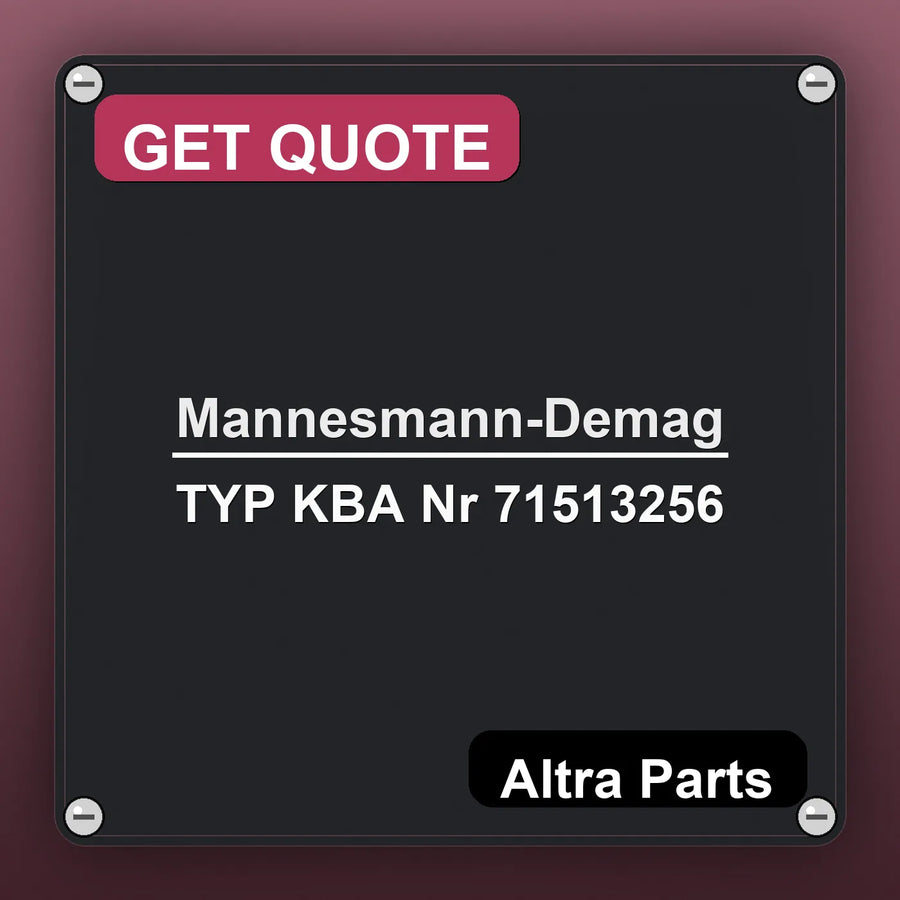 Mannesmann-Demag TYP KBA Nr 71513256 industrial nameplate style image – Altra Parts. GET QUOTE.